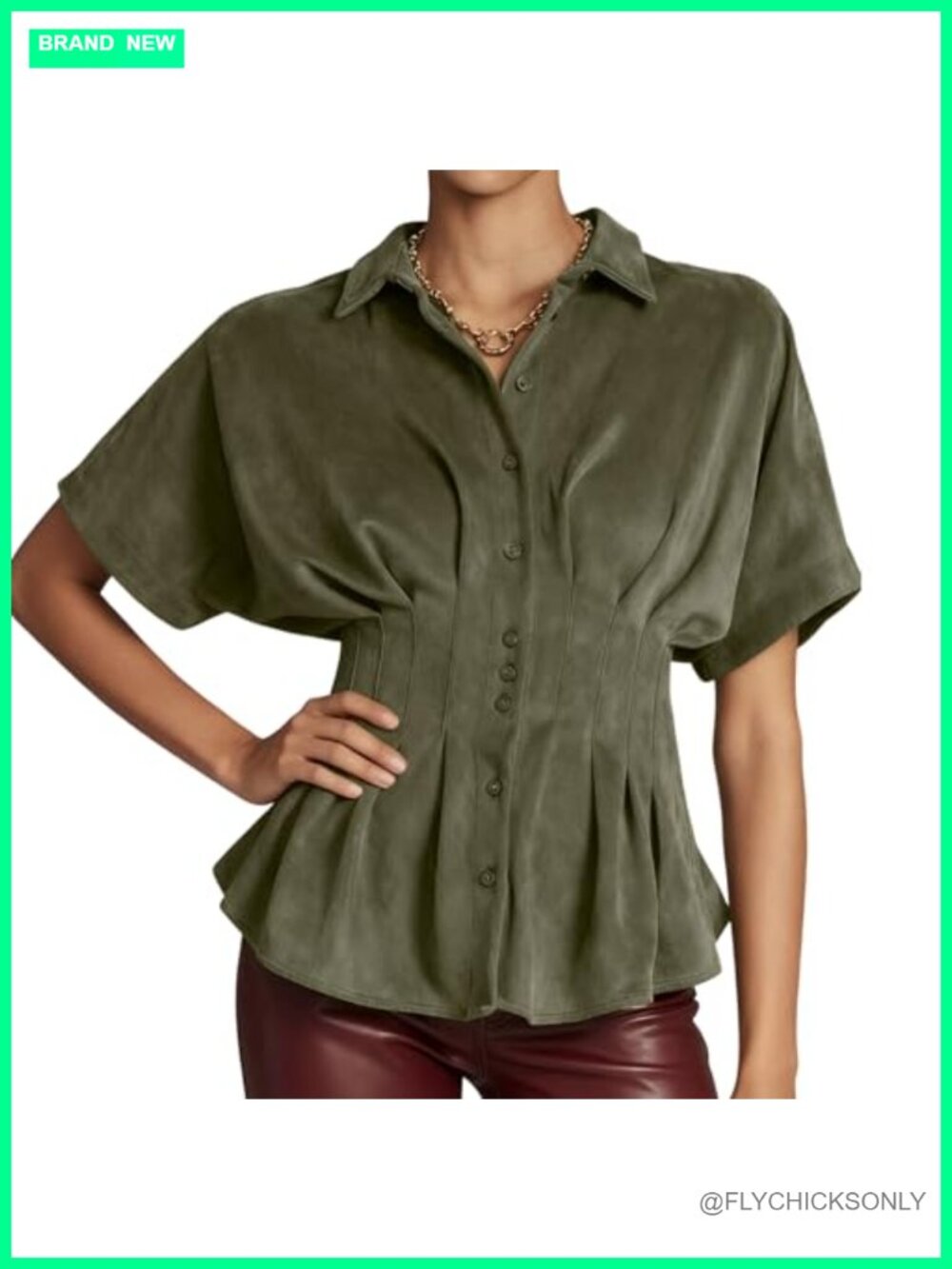 Faux Suede Peplum Top Short Sleeve Button Down Blouse